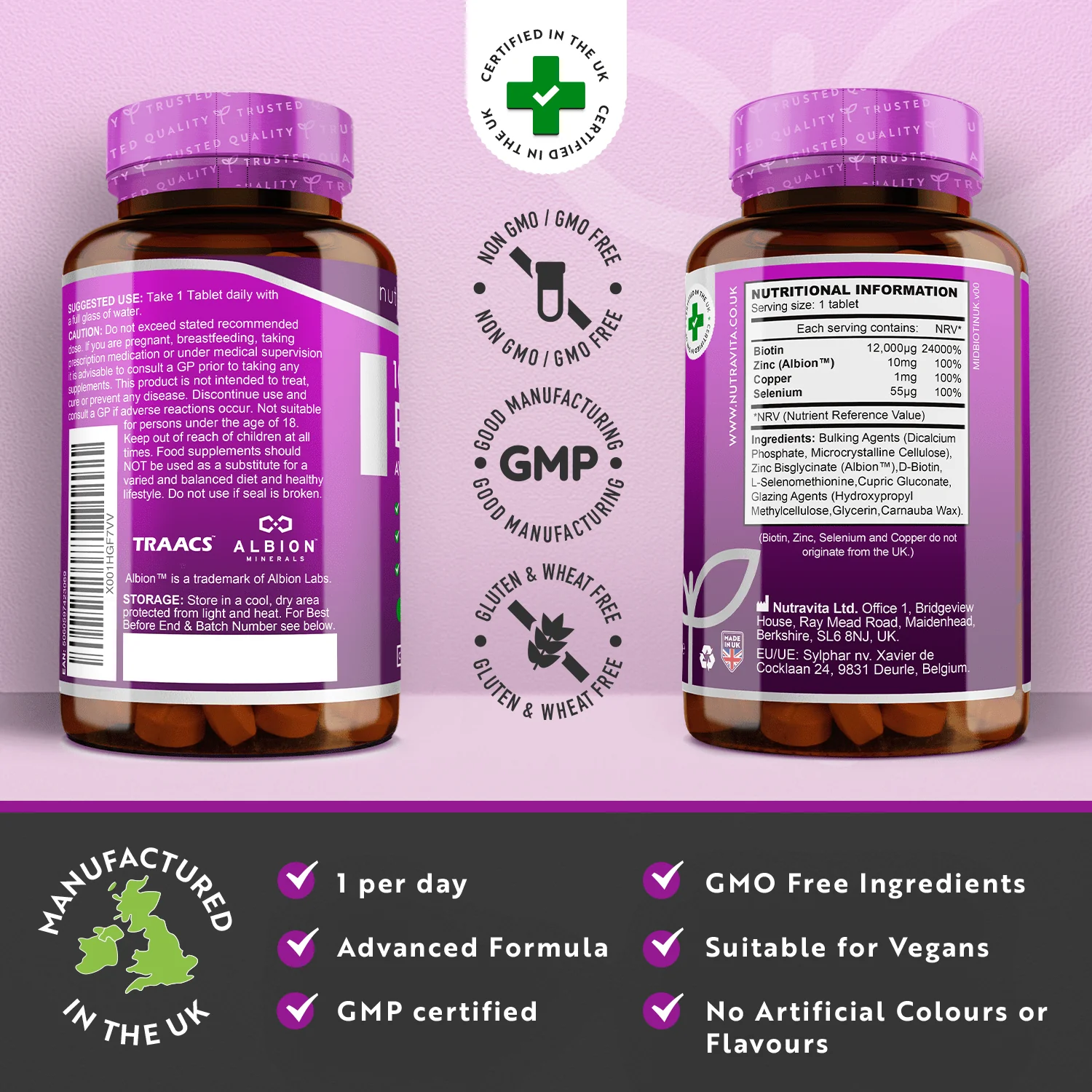 Biotin 12,000ug with Albion™ Zinc, Selenium & Copper 365 Vegan Tablets - Image 3