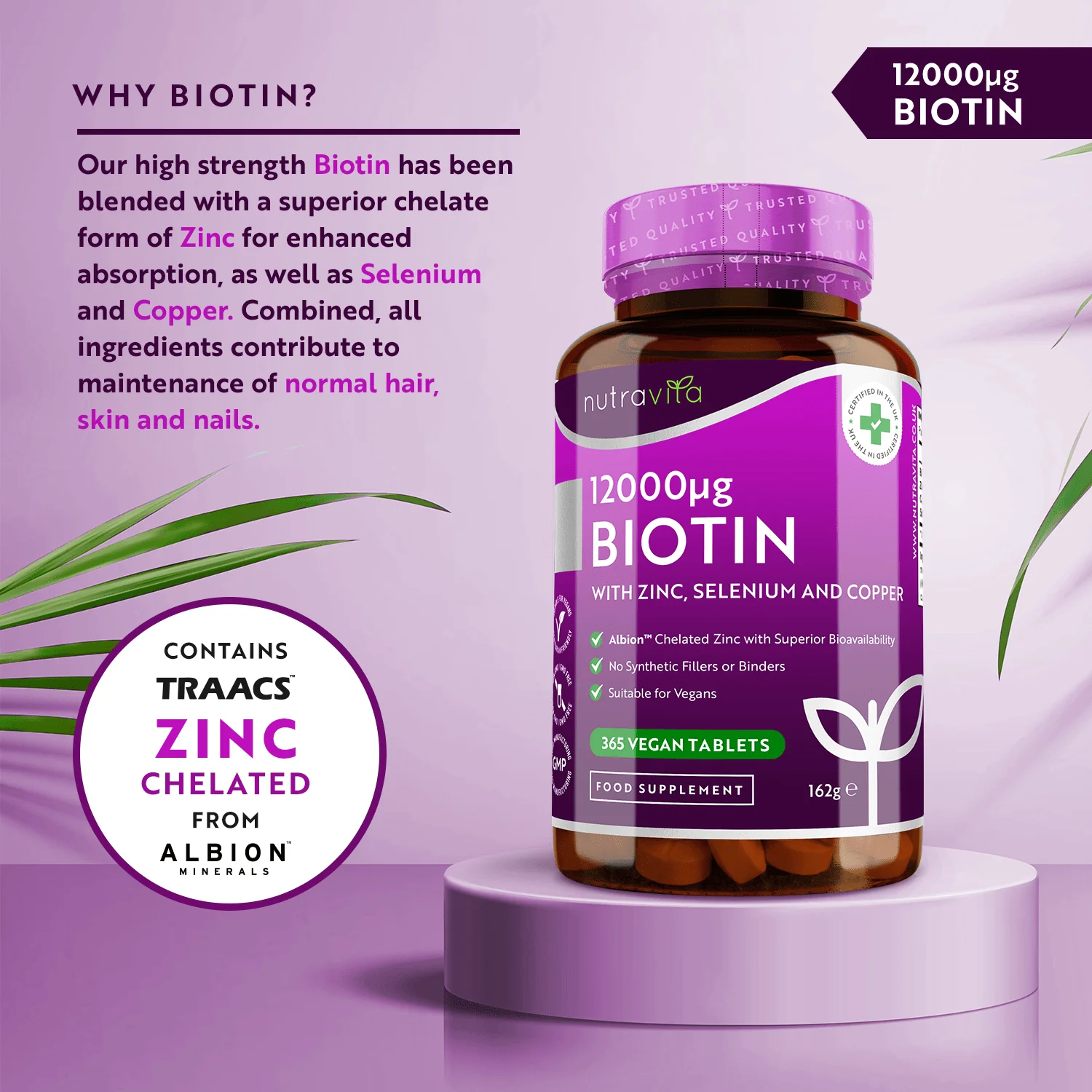 Biotin 12,000ug with Albion™ Zinc, Selenium & Copper 365 Vegan Tablets - Image 4