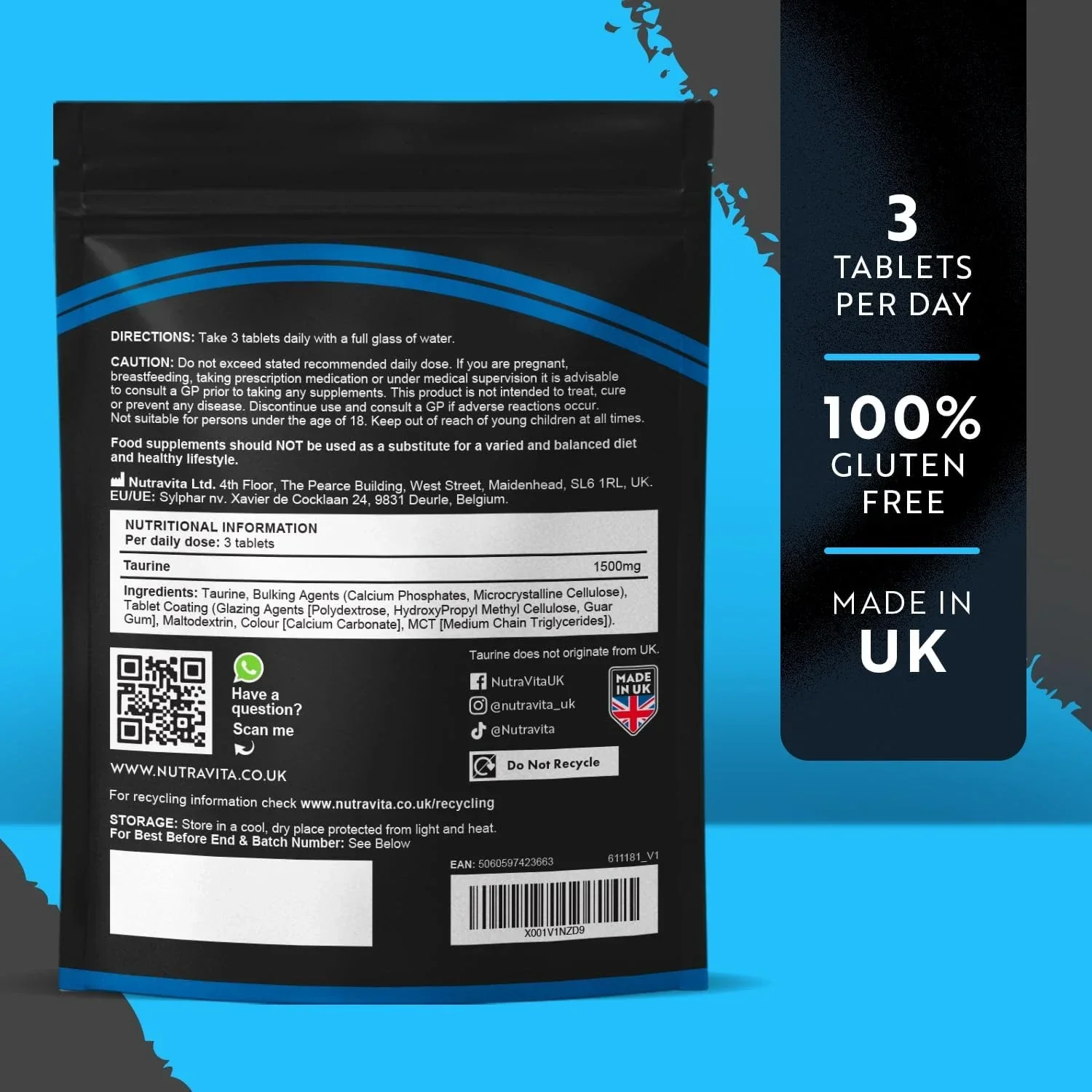 Taurine 1500mg - 180 Tablets - Image 3